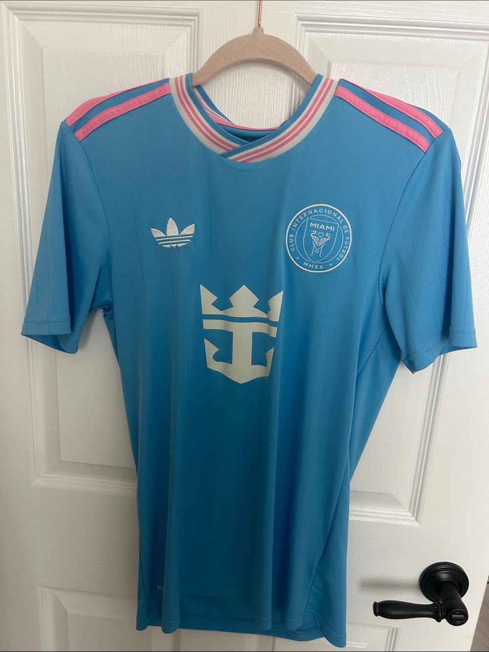 adidas Light Blue Soccer Jersey with Pink Stripes Miami